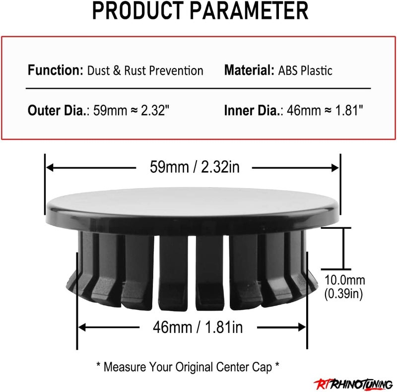 RTrhinoTuning 4pcs 59mm Wheel Center Caps Compatible with 2005-2017 Chevy Impala Equinox Malibu Camaro Volt Grand Am WS-6 for Wheel Rim Center Cover OD:2.33"/59mm ID:1.81"/46mm Black Base - Image 2